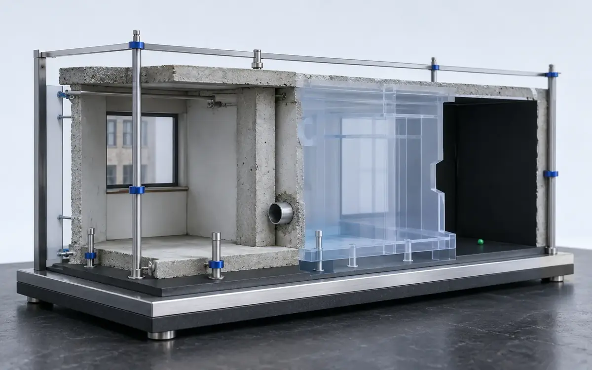 Existing-building fragment separating measured geometry, record-based geometry and an unresolved concealed zone