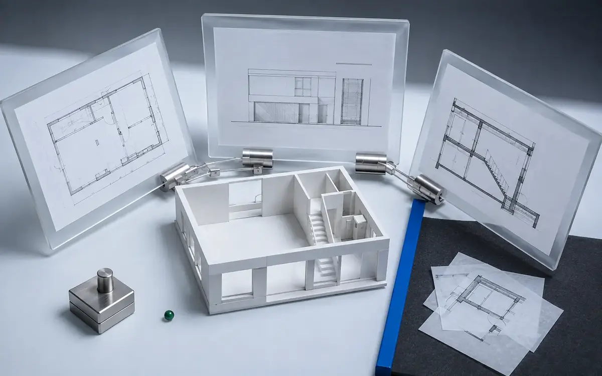 Plan, elevation and section drawings interpreted together around one partially reconstructed building model
