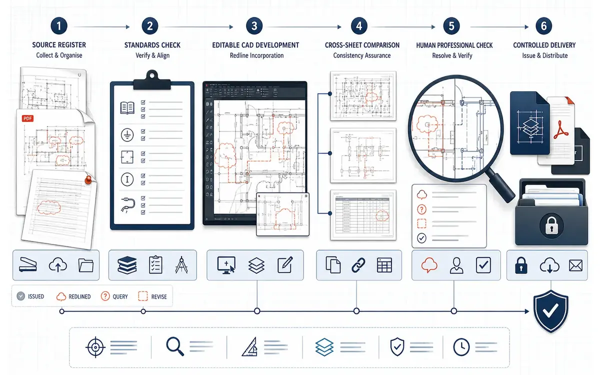 Six-stage electrical redline workflow from source register and standards review through editable CAD, cross-sheet comparison, human checking and controlled delivery
