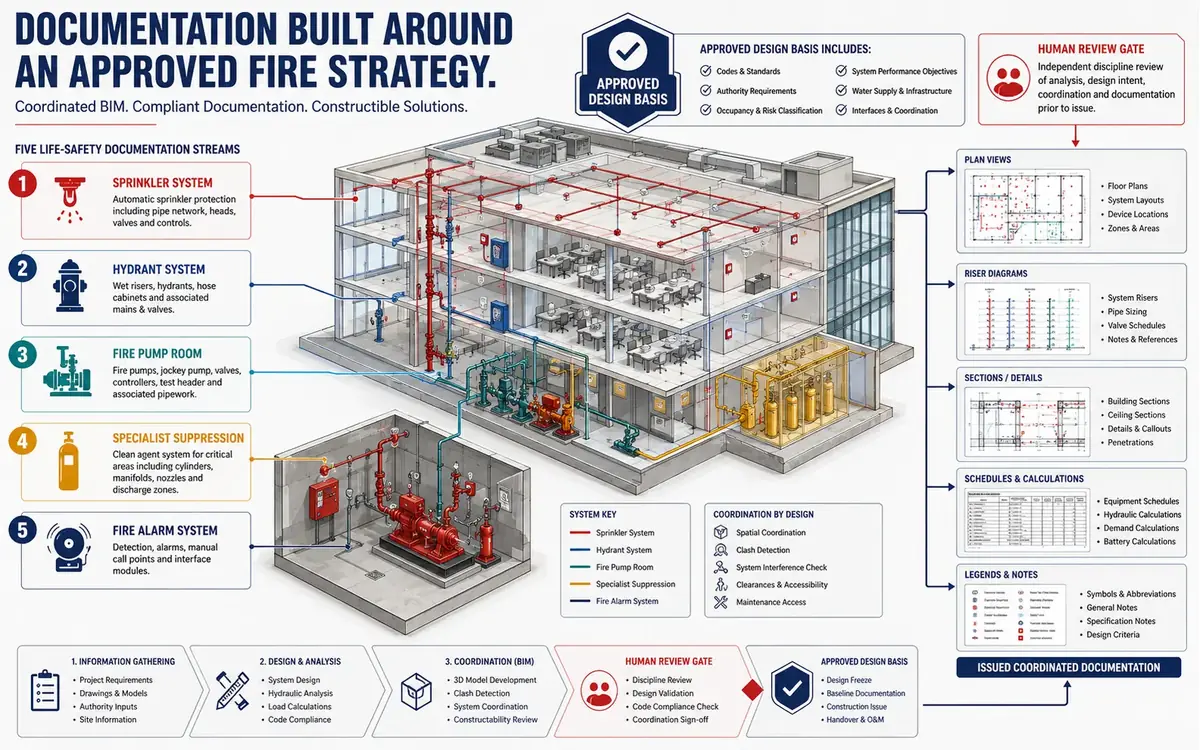 Coordinated fire-protection model showing sprinkler, hydrant, pump-room, specialist-suppression and alarm documentation streams