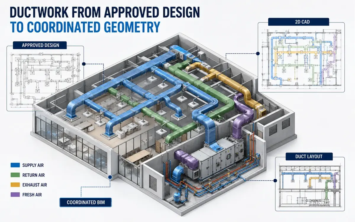 Coordinated HVAC model connecting approved design drawings with supply, return, exhaust and fresh-air duct layouts