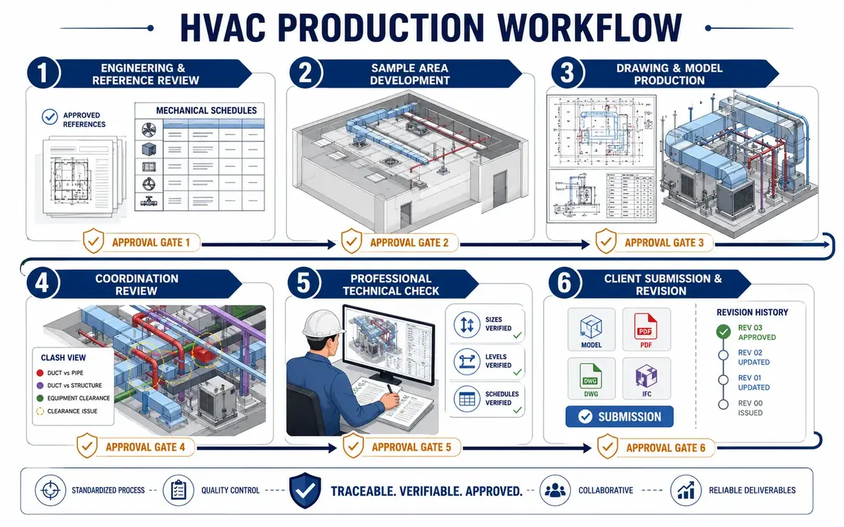 Six-stage HVAC production workflow covering reference review, sample development, modeling, coordination, technical checking and revision-controlled submission