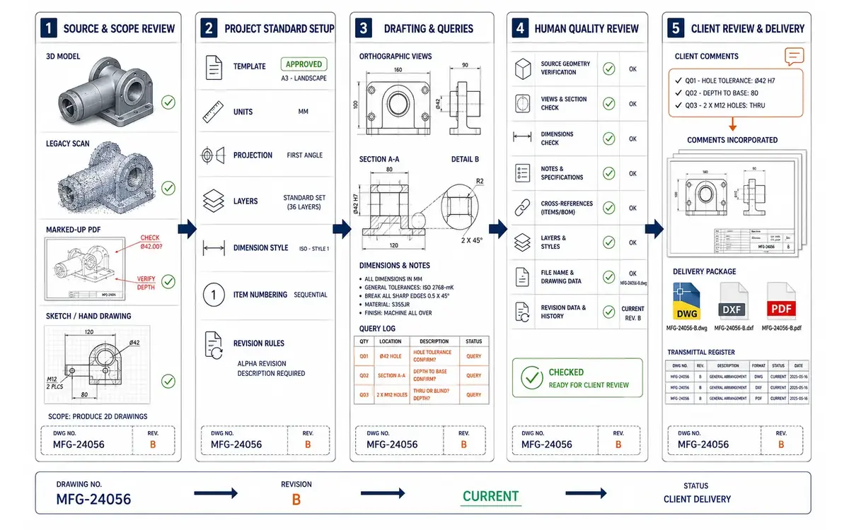 Five-stage mechanical 2D drawing workflow from source and scope review through project standards, drafting and queries, human checking and client delivery