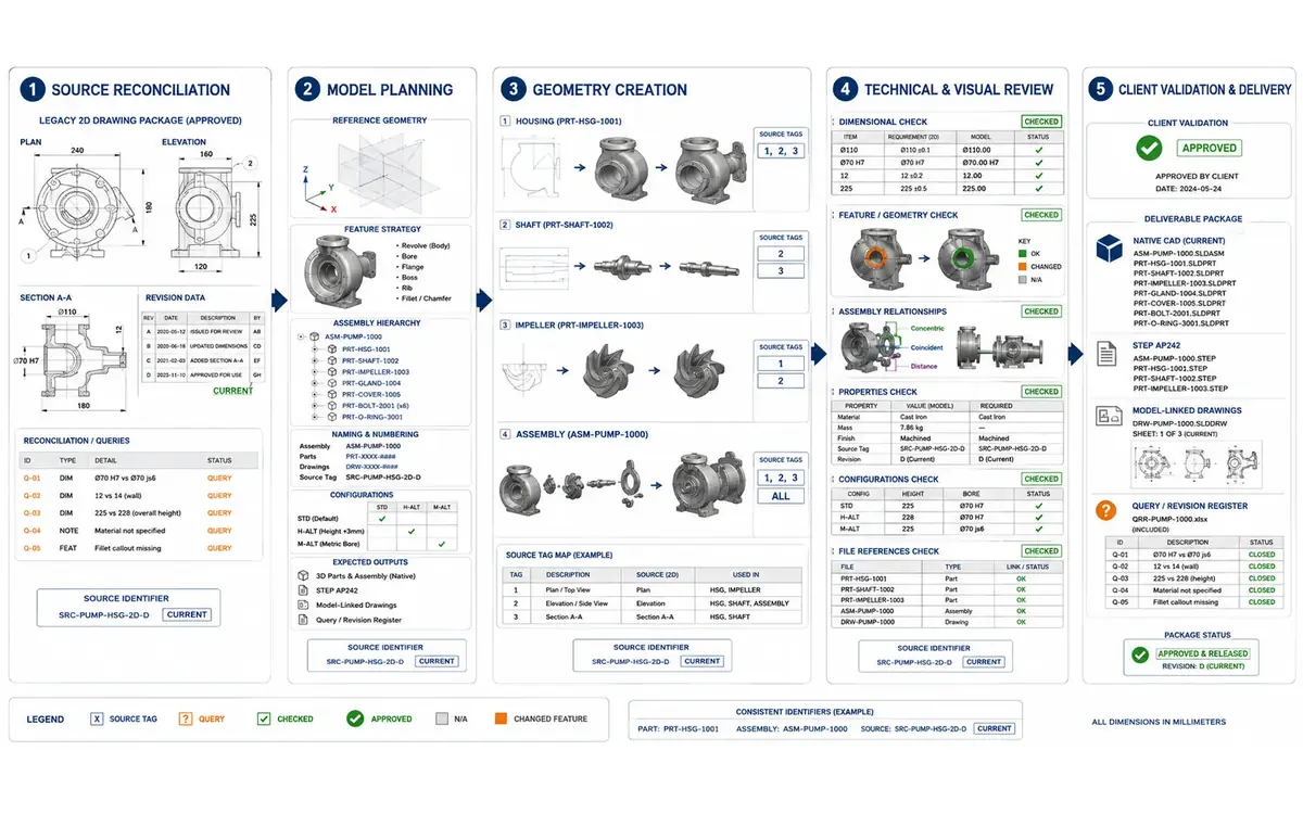 Five-stage mechanical drawing-to-model workflow from source reconciliation and model planning through geometry creation, technical review and client validation