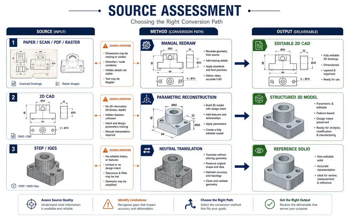 Decision matrix connecting paper, raster, 2D CAD and neutral-file sources to manual redraw, parametric reconstruction and neutral translation outputs