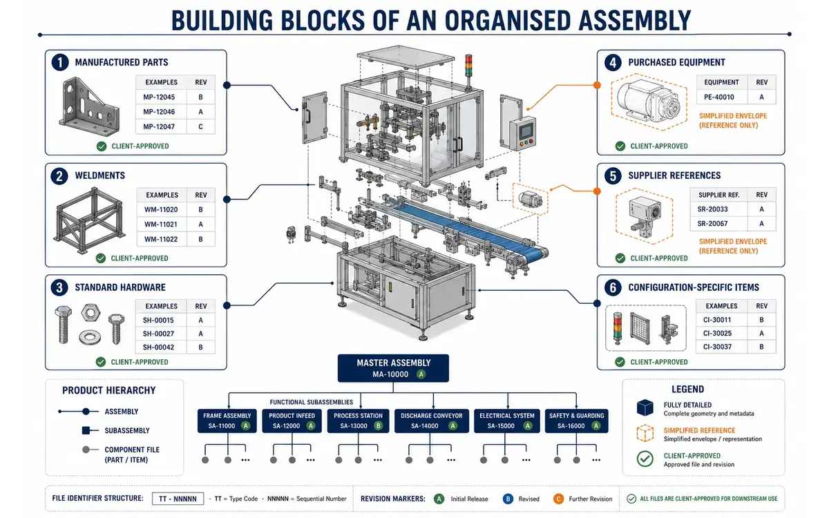 Exploded packaging-machine assembly connecting manufactured parts, weldments, standard hardware, purchased equipment, supplier references and configuration-specific items to a controlled hierarchy