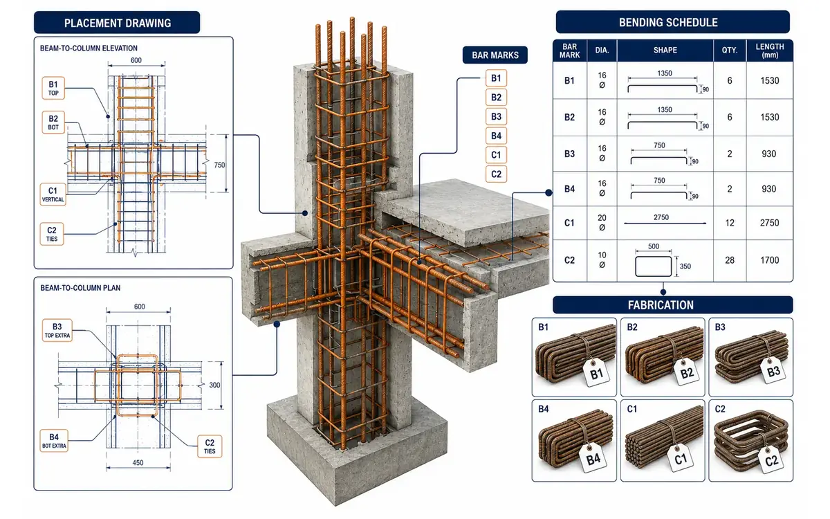 Coordinated beam-column reinforcement package connecting placement drawings, bar marks, bending schedules and tagged fabrication bundles