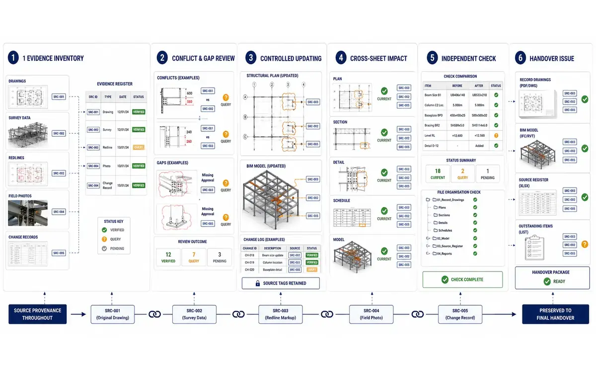 Six-stage structural record workflow from evidence inventory and conflict review through controlled updating, cross-sheet impact, independent checking and handover