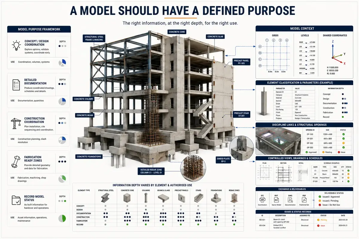 Defined-purpose structural BIM system combining steel, concrete, rebar and precast elements with project coordinates, element parameters, discipline links, controlled documentation, exchange formats and issue status