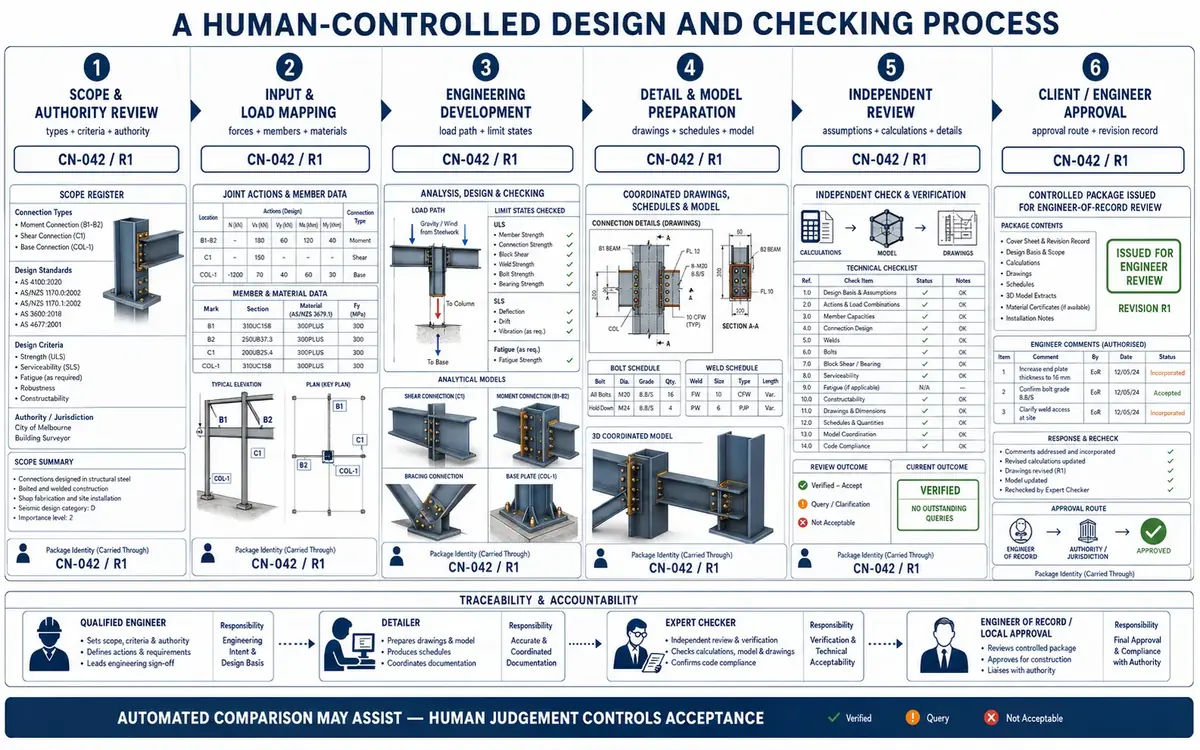 Six-stage structural connection workflow from authority and load mapping through engineering development, coordinated detailing, independent review and engineer approval