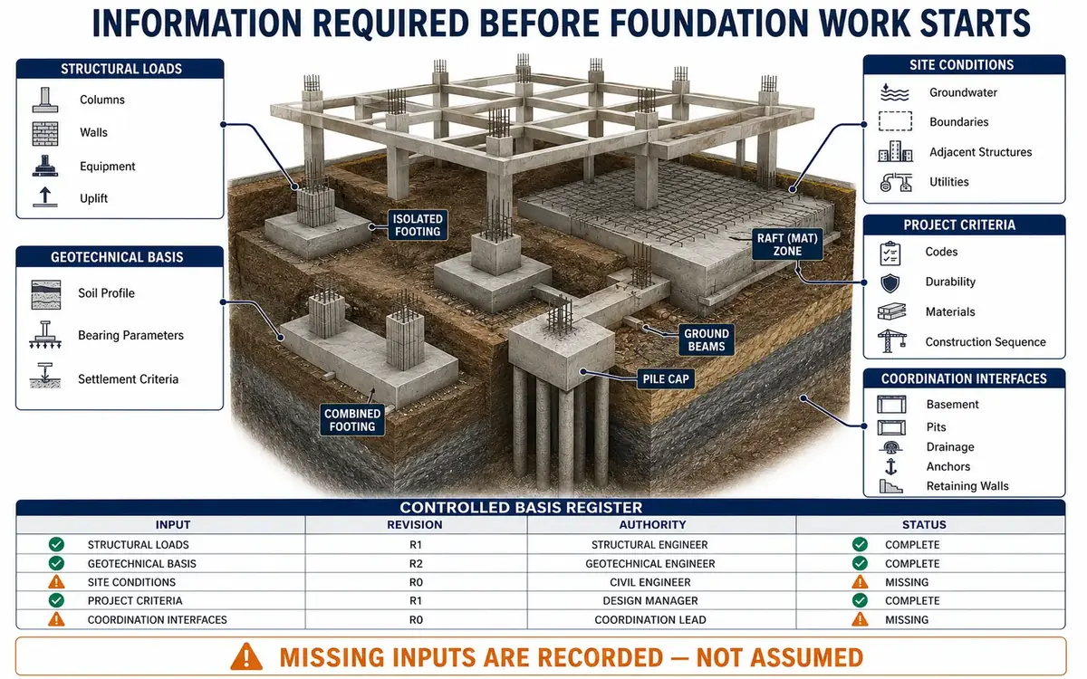 Foundation design input system connecting structural loads, geotechnical data, site conditions, project criteria and coordination interfaces to a controlled substructure basis register