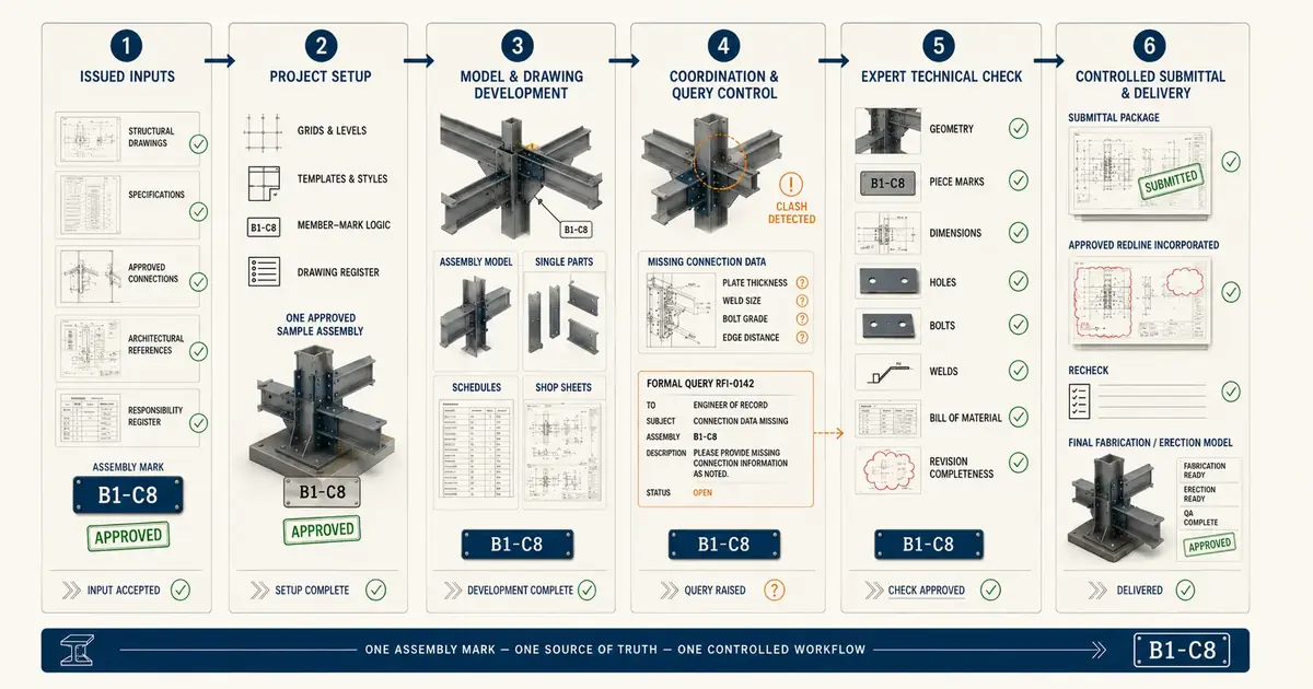 Six-stage structural steel detailing workflow from issued inputs and project setup through model development, query control, technical checking and controlled fabrication delivery