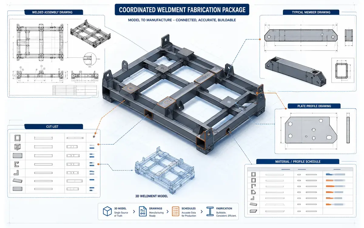 Coordinated weldment package connecting a steel equipment skid model with assembly drawings, member details, plate profiles, cut lists and material schedules